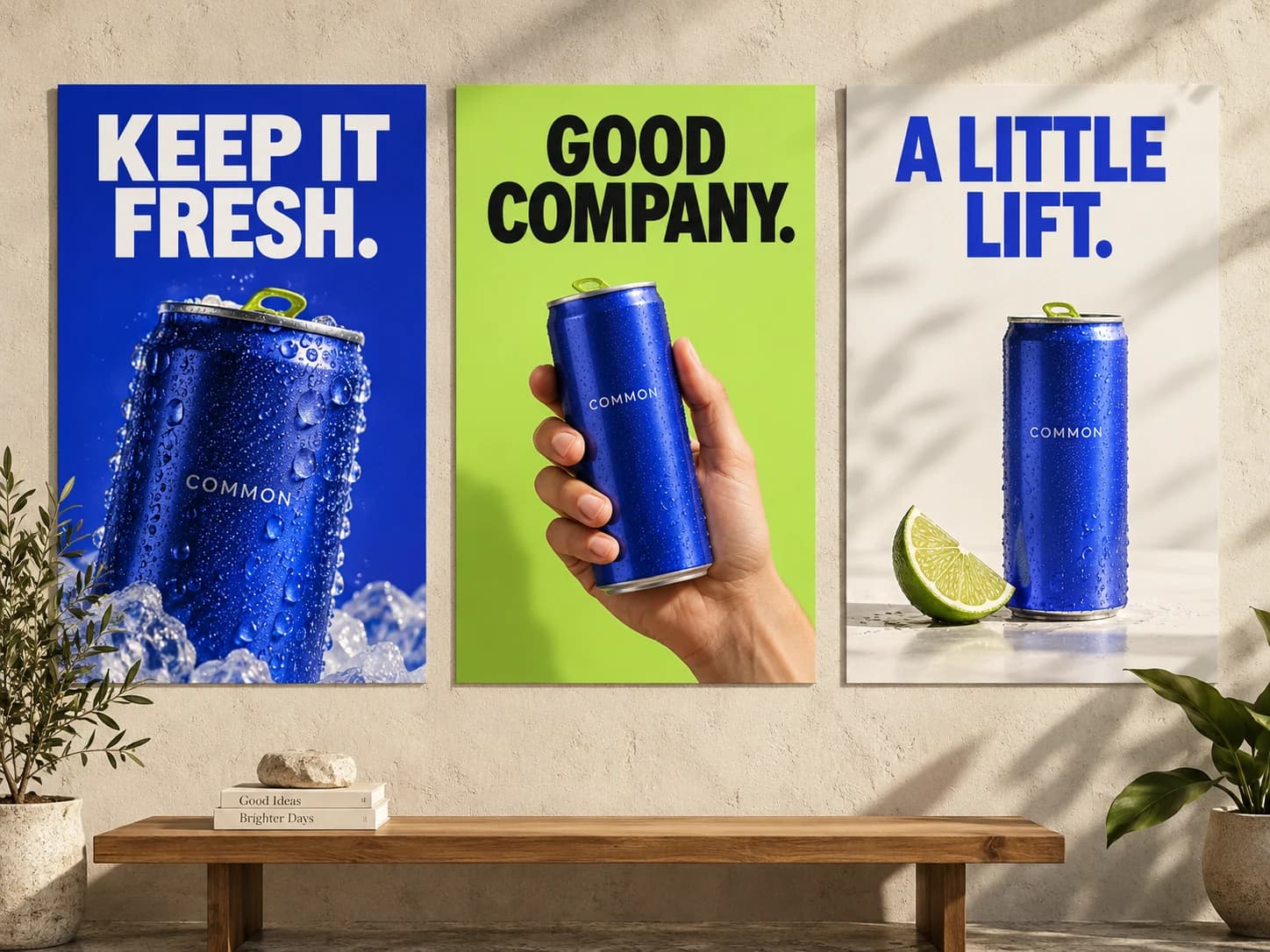 Three contrasting sparkling-water ad concepts with product, lifestyle and still-life angles
