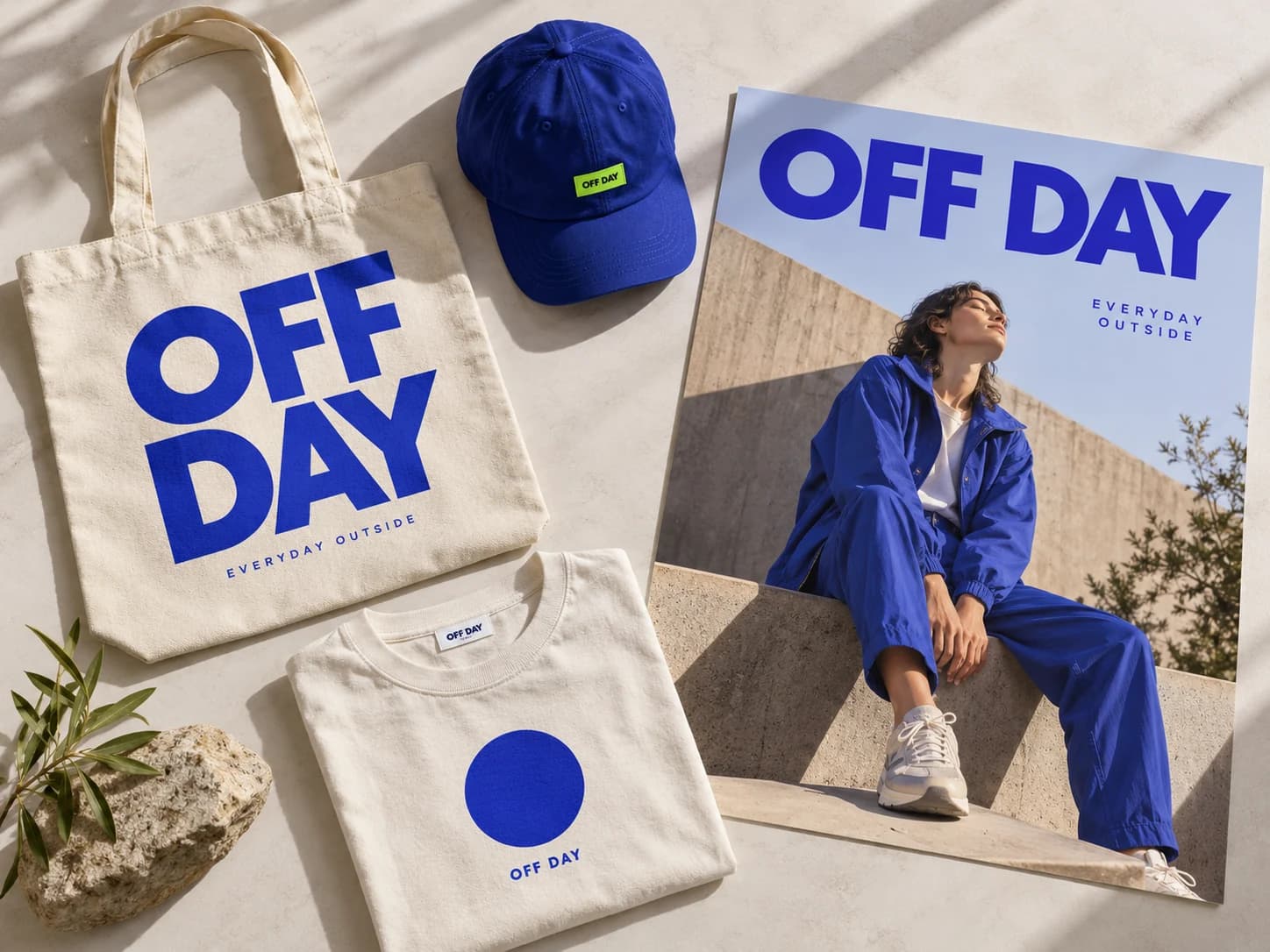 An apparel identity carried across a tote, cap, T-shirt and campaign poster