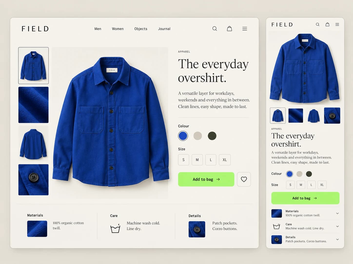 Desktop and mobile product-page designs for an apparel store