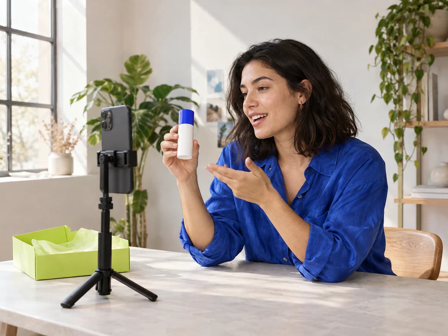 A creator filming a skincare product demonstration with a smartphone