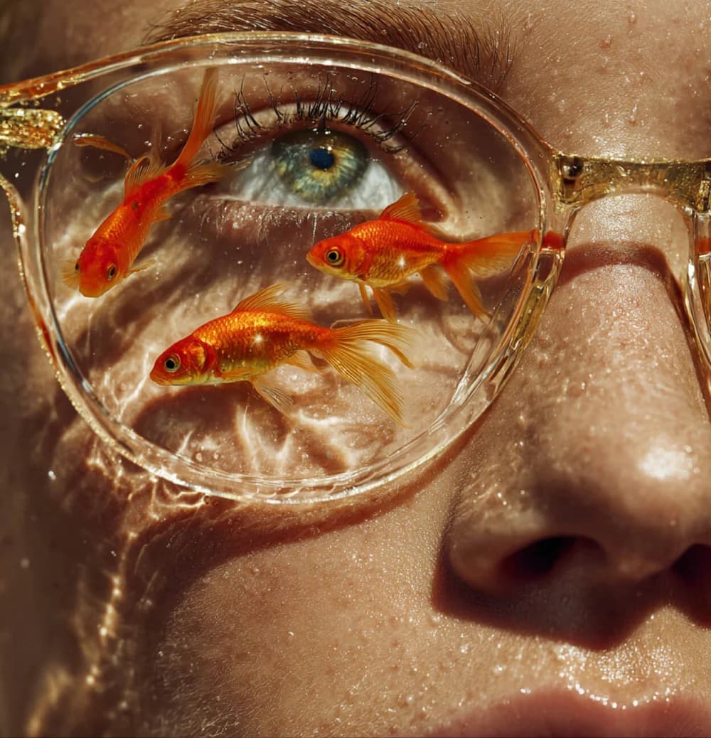 Surreal art direction with goldfish reflected in a pair of glasses