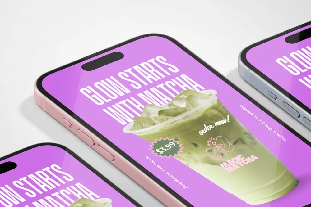 Matcha campaign in pink and green across mobile screens