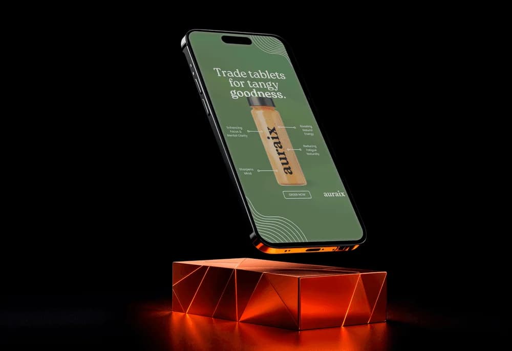 Green product campaign on a phone above a glowing orange plinth
