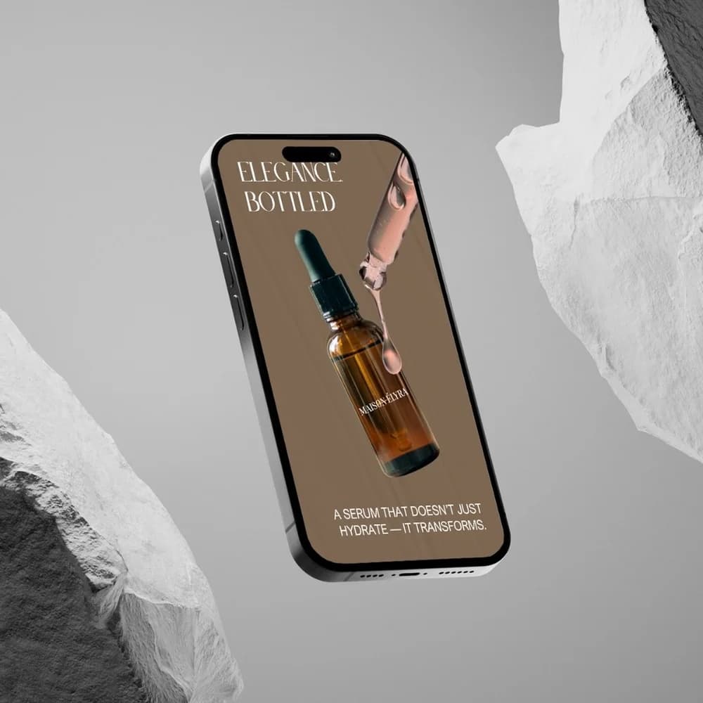 Skincare campaign on a phone, framed by sculptural white stone